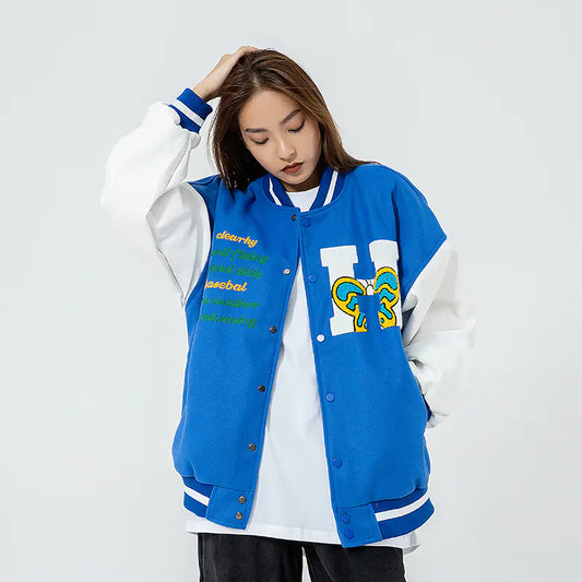Embroidered Color Matching Couple Baseball Jacket - Trendy & Stylish